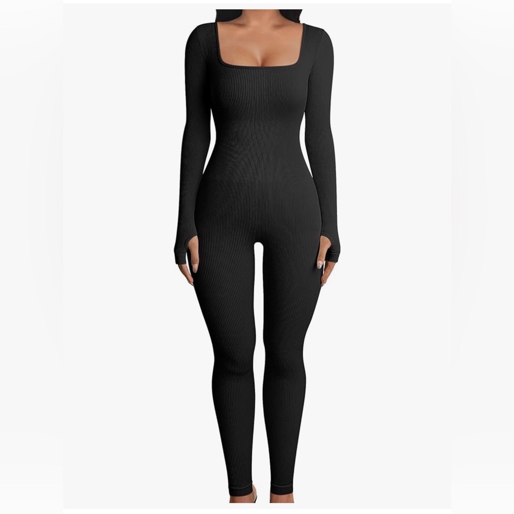 Black Ribbed Long Sleeve Jumpsuit
